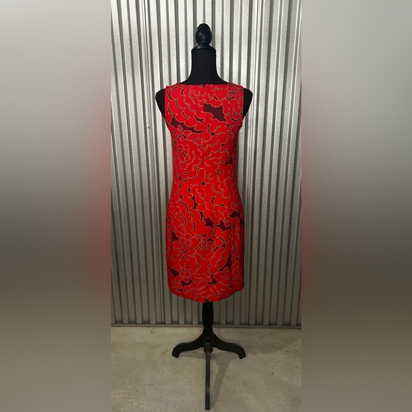 Women’s Designer Abbey Glass Red Poly Blend Geometric Bow MIDI Dress Size Small - Picture 2 of 8